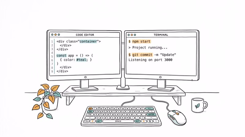 Desk setup with mouse, keyboard, and dual monitors showing code editor and terminal
