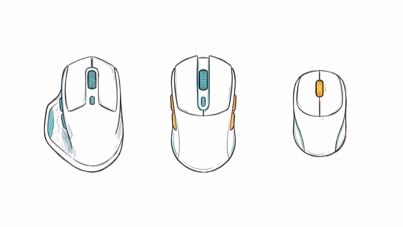Three different mouse shapes representing ergonomic, ambidextrous, and compact designs