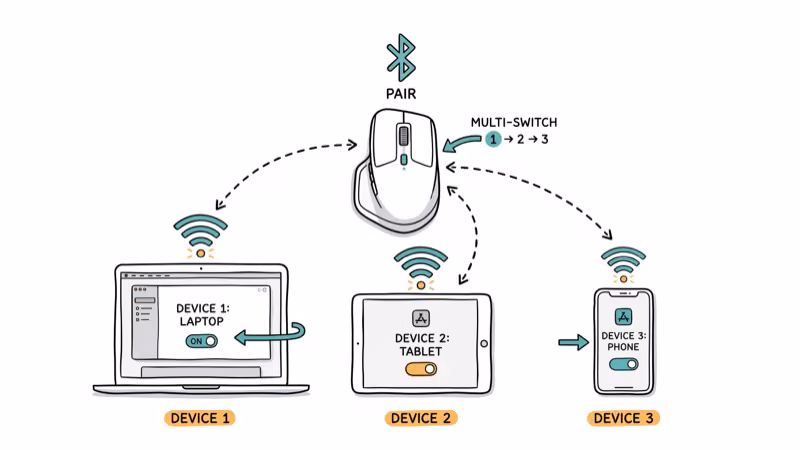 Wireless mouse connected to three devices with Bluetooth signals for multi-device switching