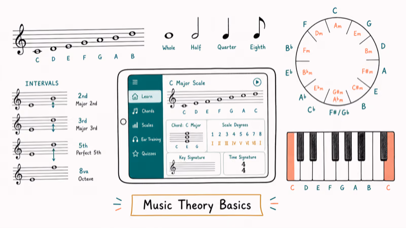 Hand-drawn illustration: Music Theory Basics