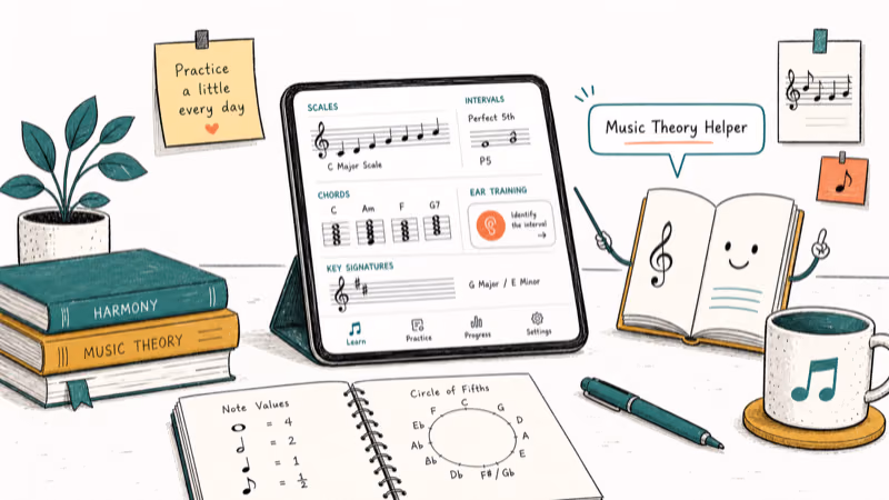 Hand-drawn illustration: Music Theory Helper