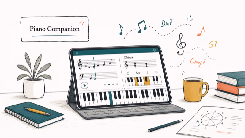 Hand-drawn illustration: Piano Companion