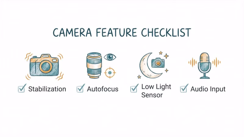 Camera feature checklist showing stabilization autofocus low light and audio icons