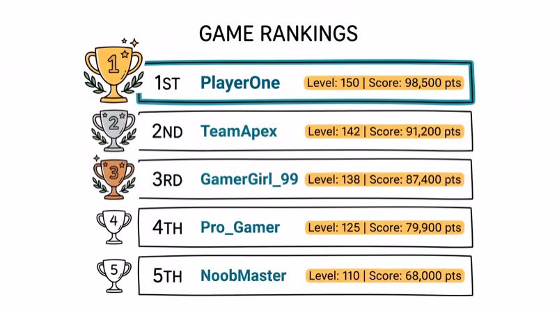 Ranked list with trophy icons showing numbered game rankings from one to five