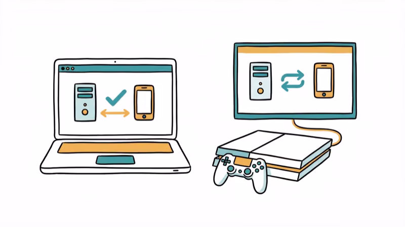 Laptop and gaming console showing compatibility icons for PC and mobile platforms