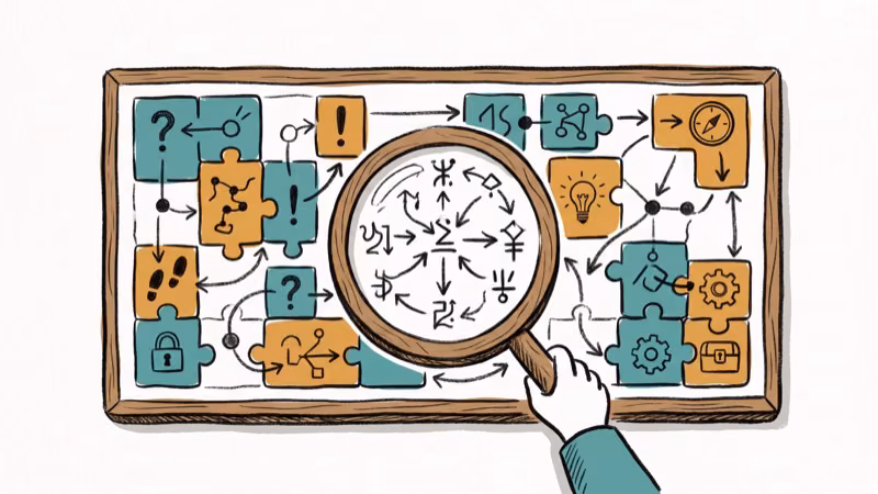 Puzzle board with interconnected clues and magnifying glass over mystery symbols
