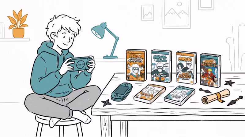 Hand-drawn illustration of a person choosing between Naruto PSP game boxes on a table