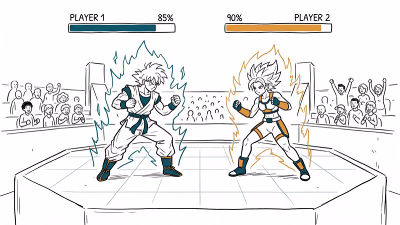 Hand-drawn illustration of two anime fighters battling in a 3D arena with energy auras