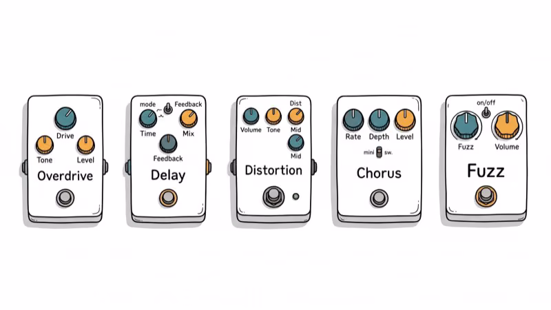 Five guitar noise gate pedals lined up for comparison with different knob settings