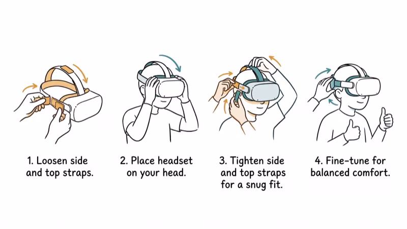 Step by step guide showing how to adjust VR headset strap for optimal fit