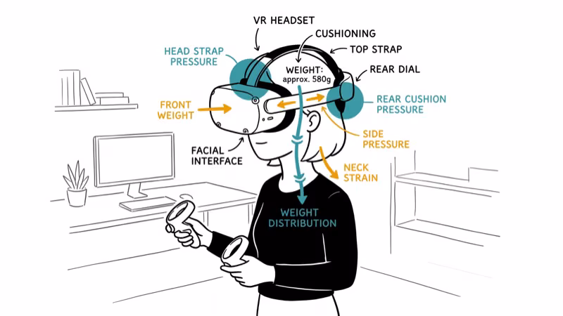 Person wearing VR headset showing pressure points and weight distribution on head