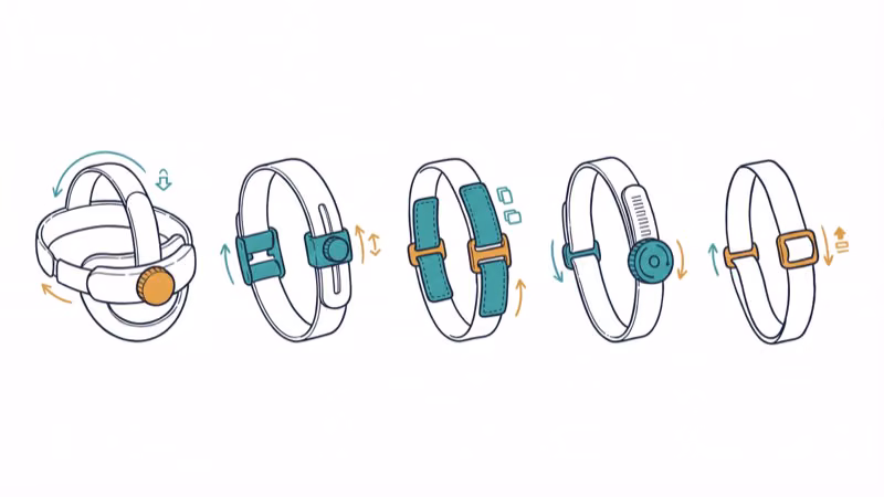 Five different VR head strap designs with different attachment mechanisms compared