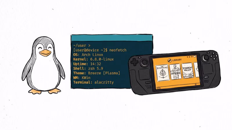 Linux penguin mascot next to terminal window and Steam Deck handheld device