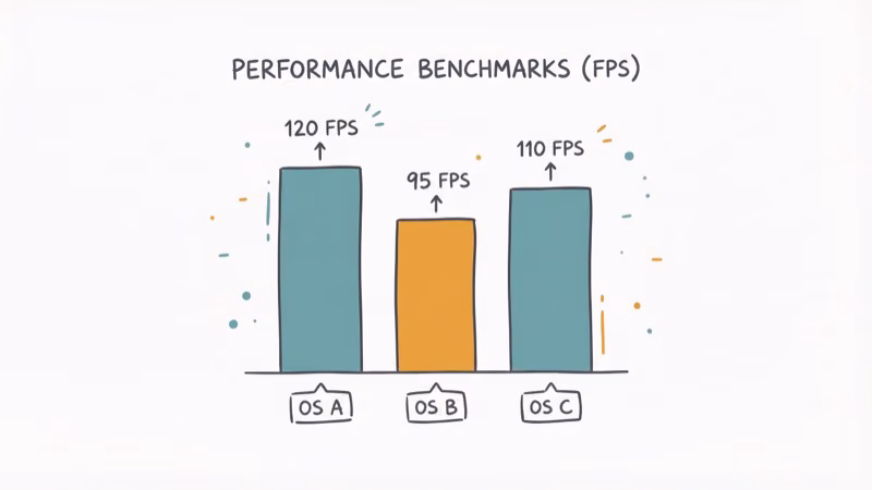 Bar chart comparing gaming performance benchmarks with FPS across three operating systems
