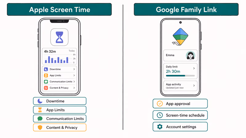 Side by side comparison of Apple Screen Time and Google Family Link control types
