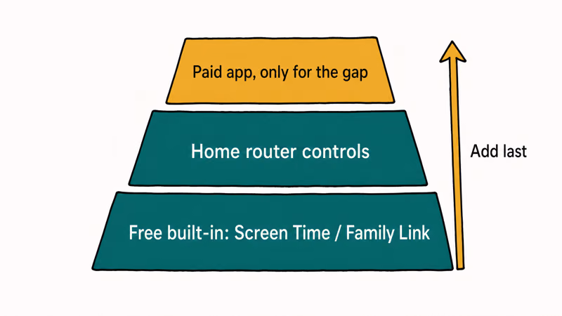 Layered parental control plan placing free built-in tools first and paid apps last