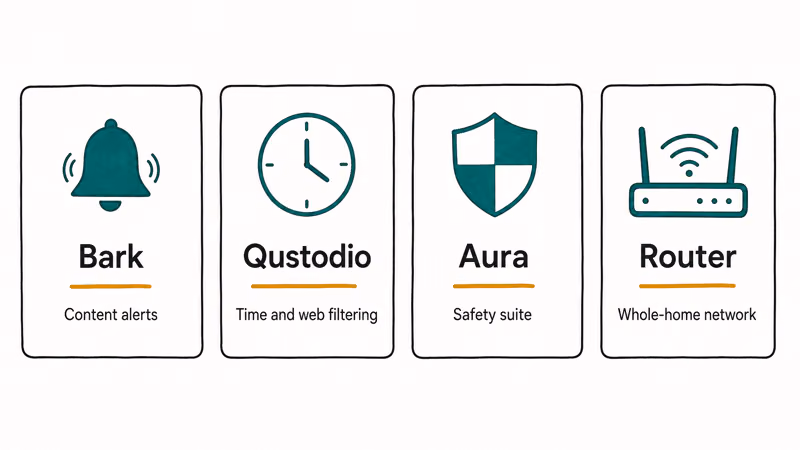 Overview of Bark, Qustodio, Aura, and router controls for mixed device families
