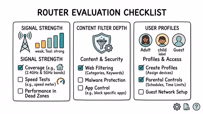 Router evaluation checklist with signal strength content filter depth and user profiles