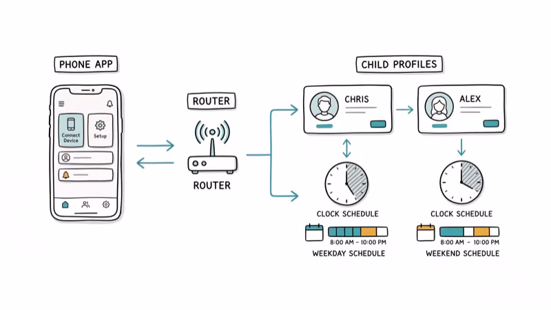 Phone app connected to router with child profile cards and clock schedule icons