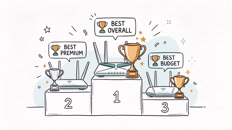 Three routers on a winner podium showing best overall budget and premium picks