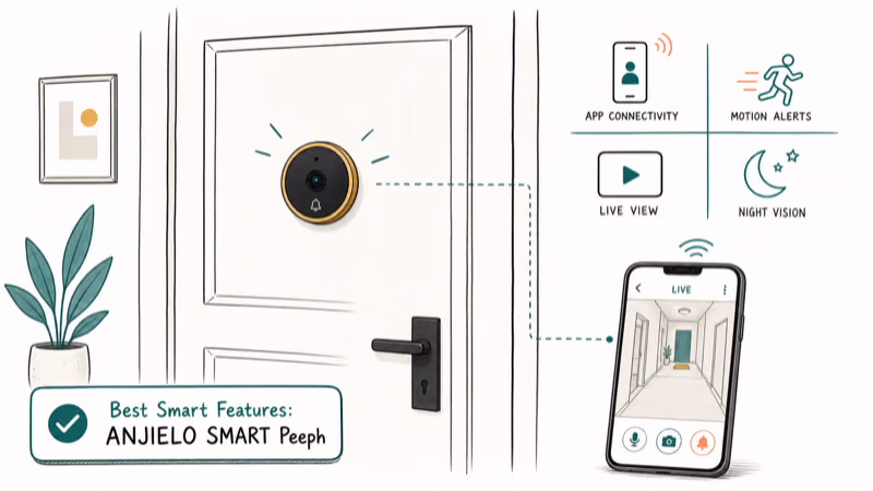 Hand-drawn illustration: Best Smart Features: ANJIELO SMART Peephole Camera