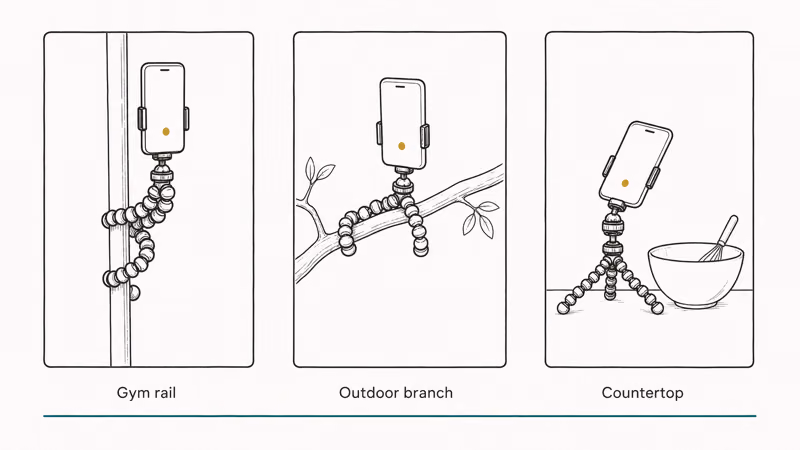 Three editorial scenes showing GorillaPod legs wrapped around gym rail outdoor branch and kitchen countertop for portrait phone.