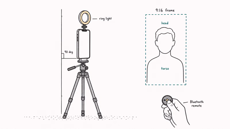 Editorial diagram showing tripod phone in portrait ring light cold shoe and nine-by-sixteen framing zone with Bluetooth remote.