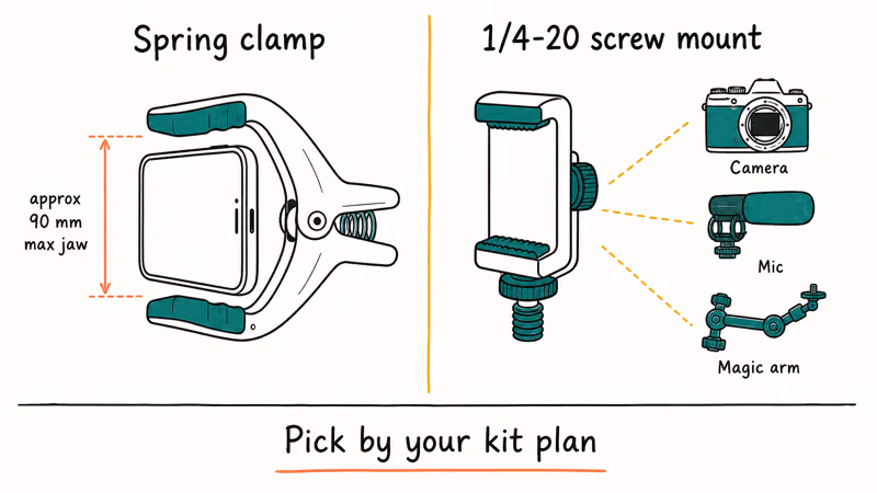 Phone tripod spring clamp and quarter-inch screw mount shown side by side with kit expansion options
