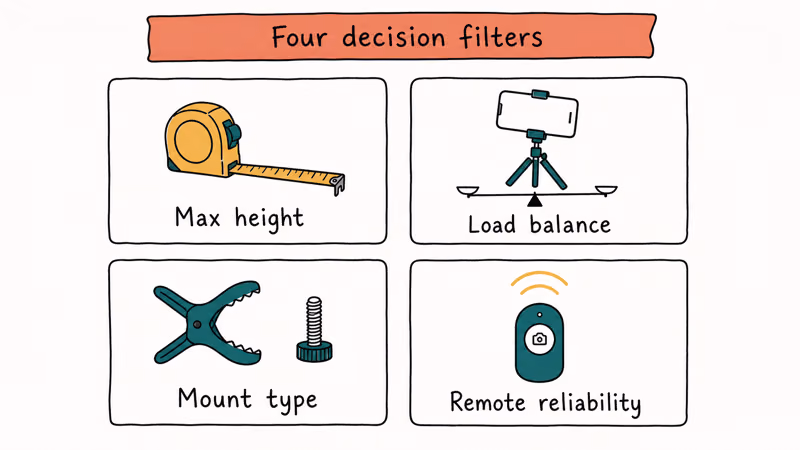 Four decision filters for picking a phone video tripod shown as labeled hand-drawn cards