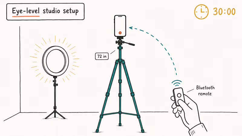 Tall studio phone tripod at eye level with a Bluetooth remote paired for a talking head session