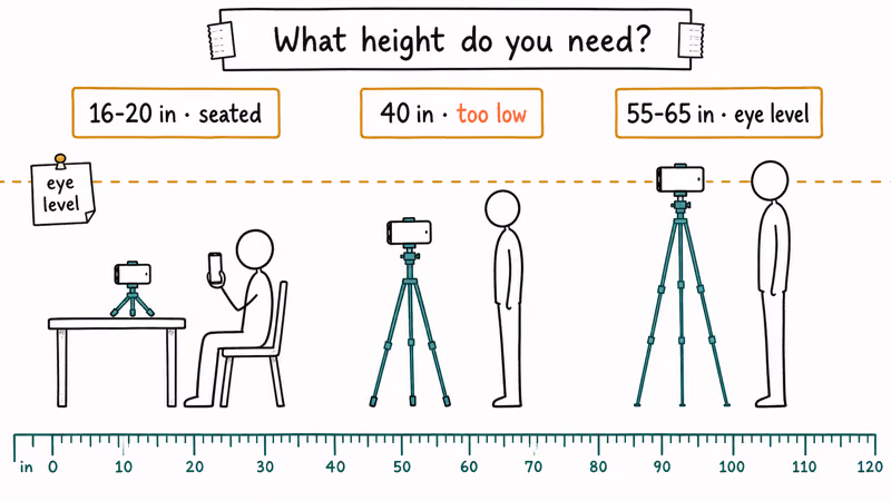 Three side-by-side tripod heights showing seated, too-low, and eye-level framing for phone video