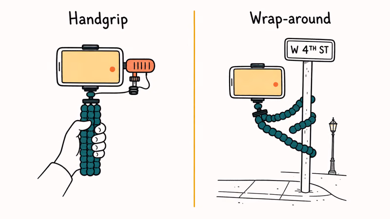 Flexible phone tripod used as a handgrip and wrapped around a signpost for street vlogging