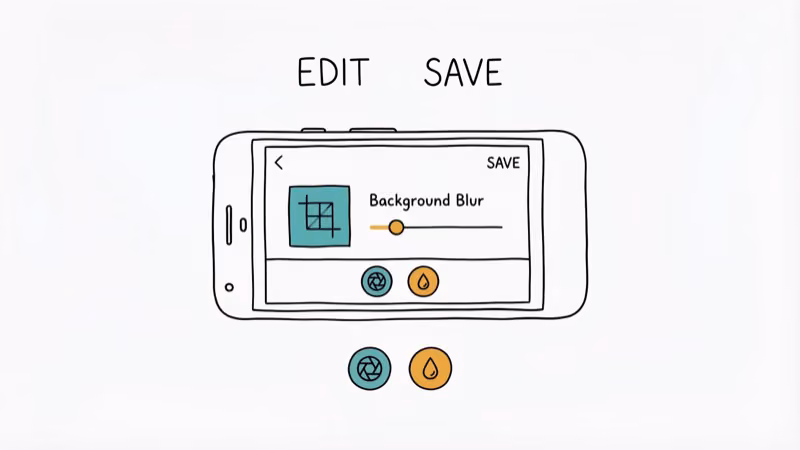 Android phone displaying photo editing app with square crop and background blur options