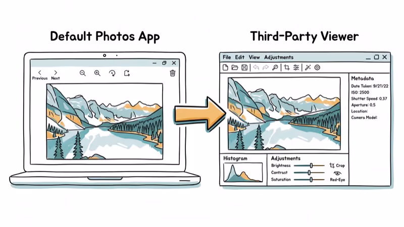 Hand-drawn comparison of Windows default Photos app versus a feature-rich third-party viewer