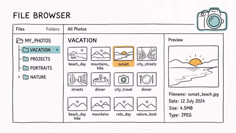 Hand-drawn three-panel file browser with folder tree thumbnails and preview pane