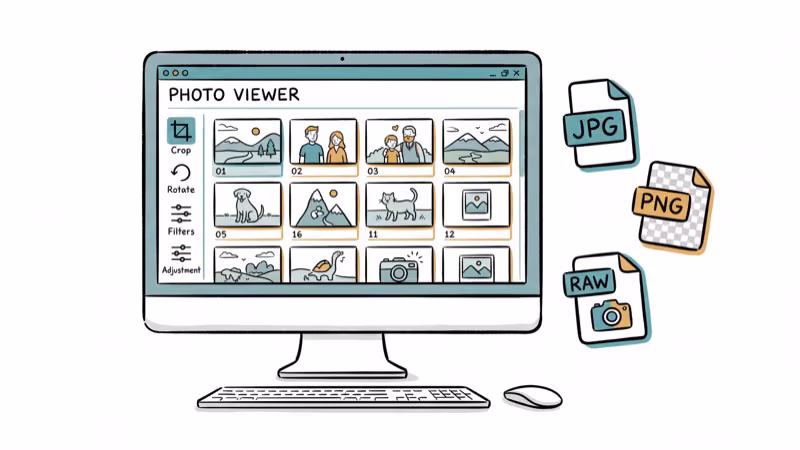 Hand-drawn desktop screen showing a photo viewer with thumbnails and editing toolbar