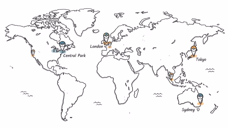 World map with pin markers at popular Pokemon Go hotspot locations
