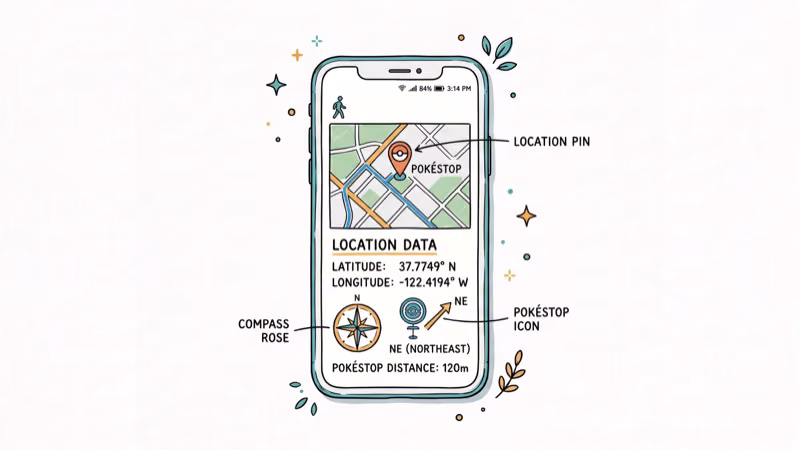 Phone screen showing GPS coordinates with map pin and compass rose