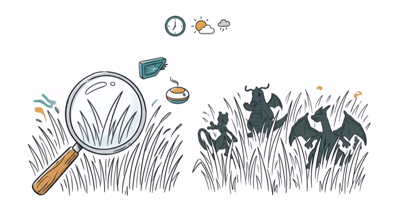 Magnifying glass searching through grass with rare Pokemon silhouettes and lure items
