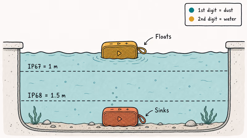 IP67 versus IP68 waterproof depth ratings compared with floating and sinking speakers in water