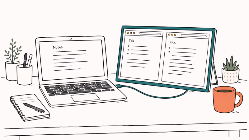 Chromebook beside USB-C portable monitor showing extended desktop with browser tabs and notes