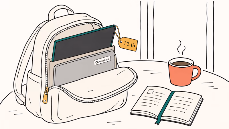 Lightweight Lenovo M14 portable monitor packed beside Chromebook in student backpack at cafe table