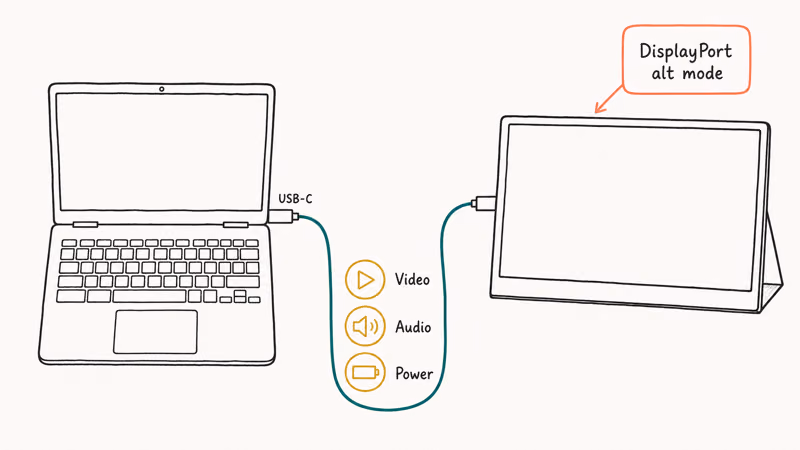 USB-C cable linking Chromebook to portable monitor in DisplayPort alt mode setup