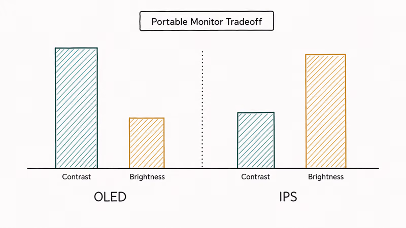Bar comparison showing OLED wins on contrast while IPS wins on brightness for portable monitor buyers.
