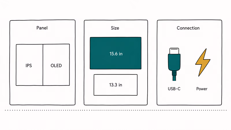 Three editorial cards showing panel type screen size and USB-C connection as portable monitor buying decisions.