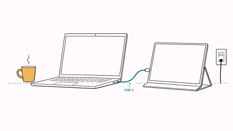 Portable monitor extending a laptop screen on a hotel desk during travel with single USB-C cable.