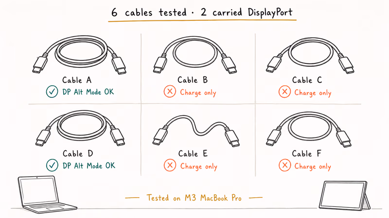 Six USB-C cables tested for DisplayPort Alt Mode with two passing and four failing the signal check
