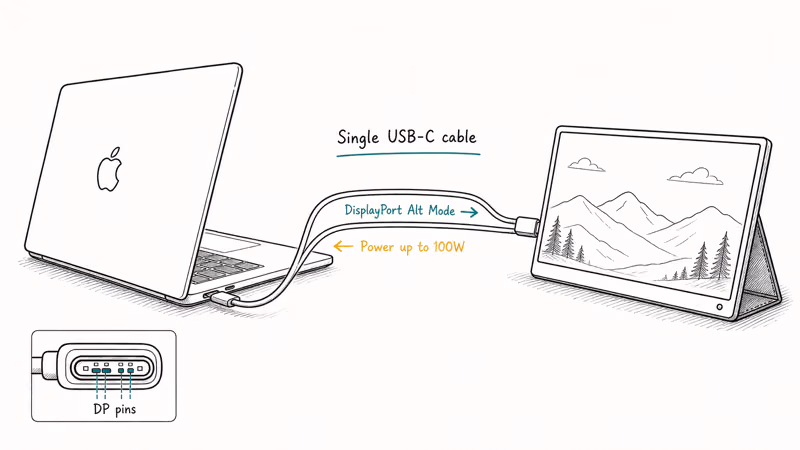 USB-C cable between MacBook Pro and portable monitor carrying DisplayPort video and power simultaneously