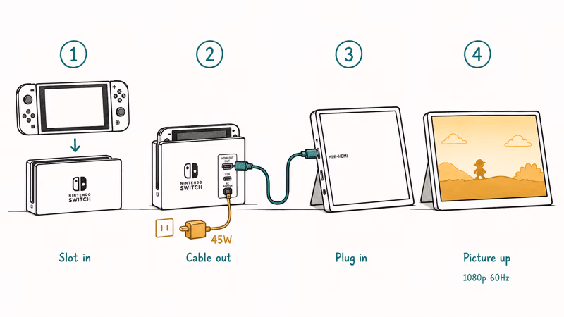 Four-step layout slotting Switch into dock then HDMI cable to a portable monitor