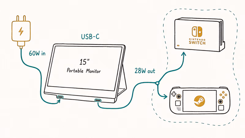 USB-C two-way power flow from portable monitor out to Switch dock and Steam Deck